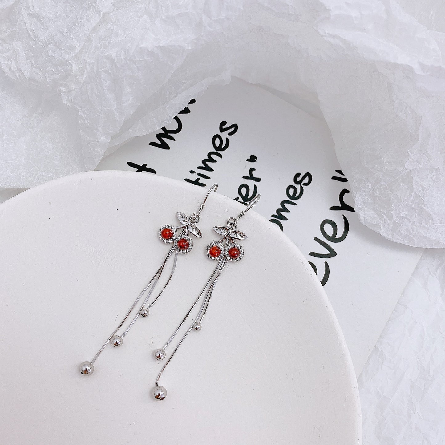 Garnet Cherry Tassel Silver Drop Earrings for Women