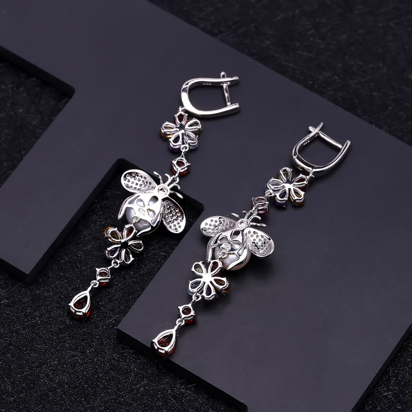 European Gemstones with Pearl Bee and Flower Design Silver Drop Earrings for Women