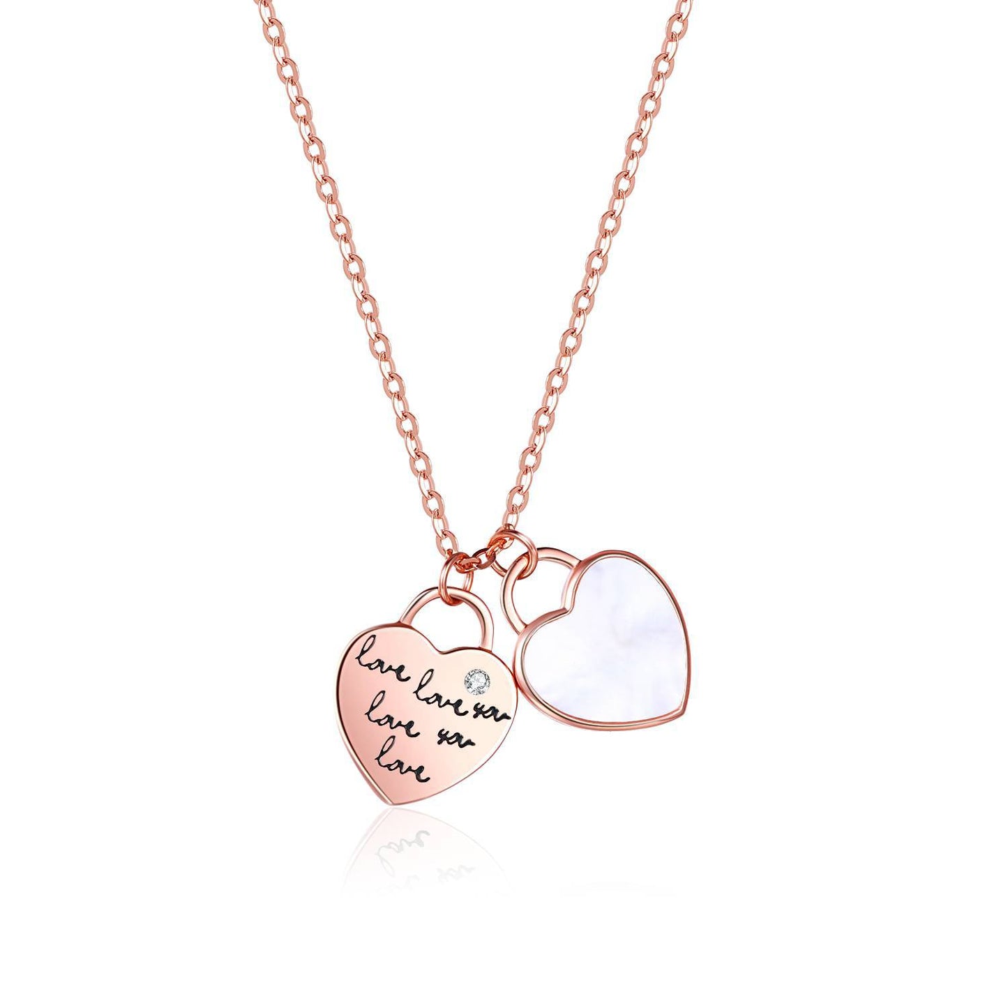 Double Heart with Mother-of-pearl and Letter Pattern Pendant Silver Necklace for Women