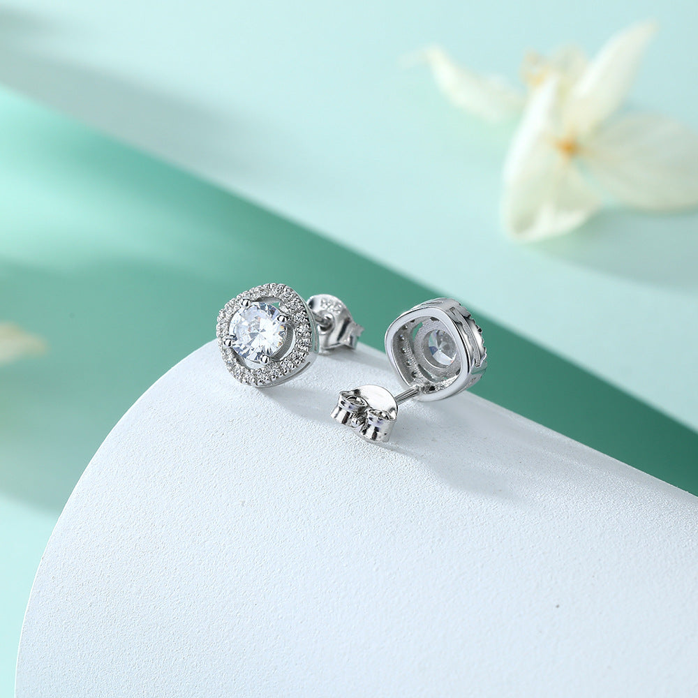 Round Zircon Square Soleste Halo Silver Studs Earrings for Women
