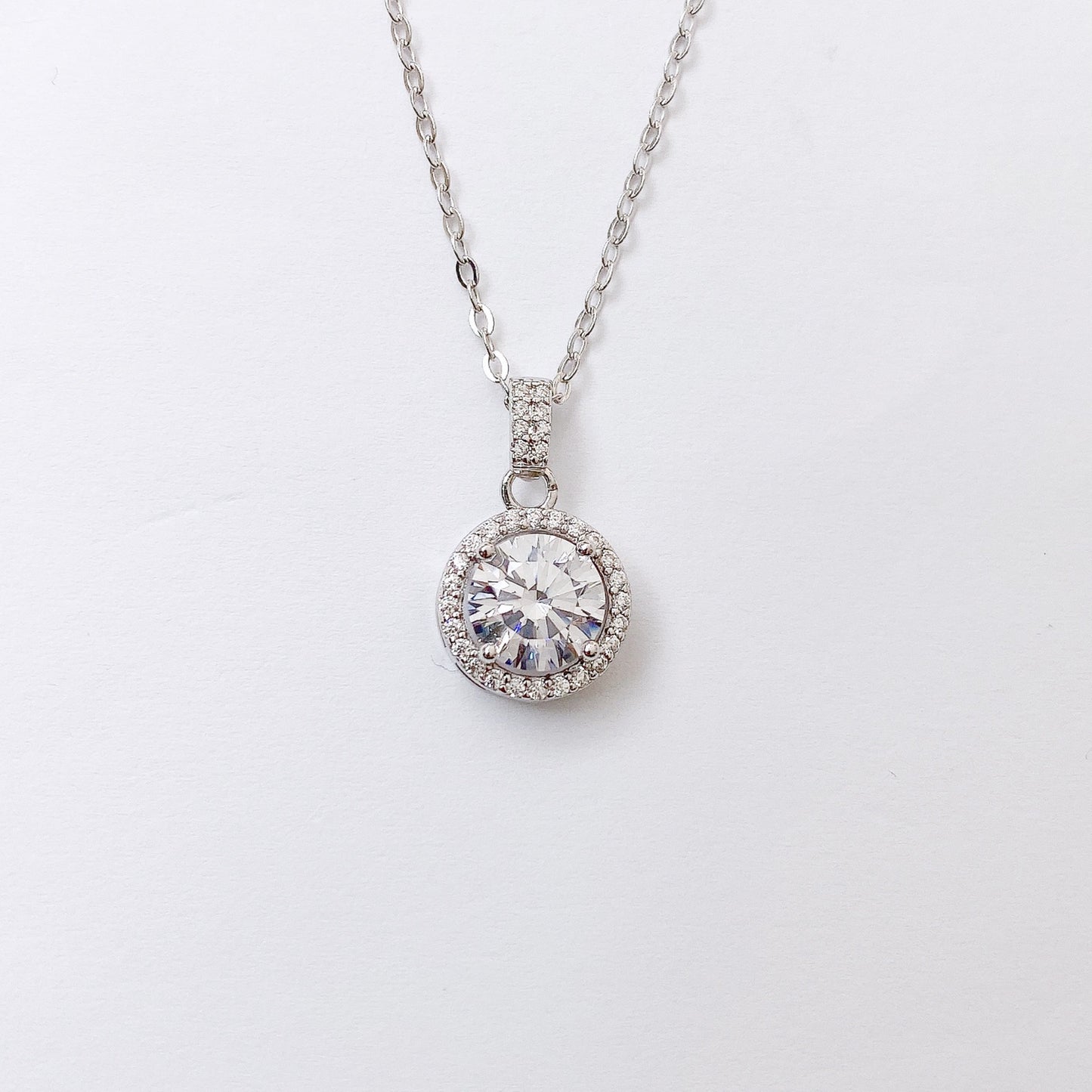 Round Zircon Soleste Halo Pendant Silver Necklace for Women