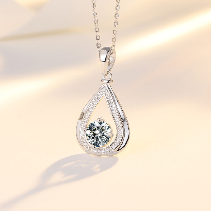 Hollow Droplet with Round Zircon Pendant Silver Necklace for Women