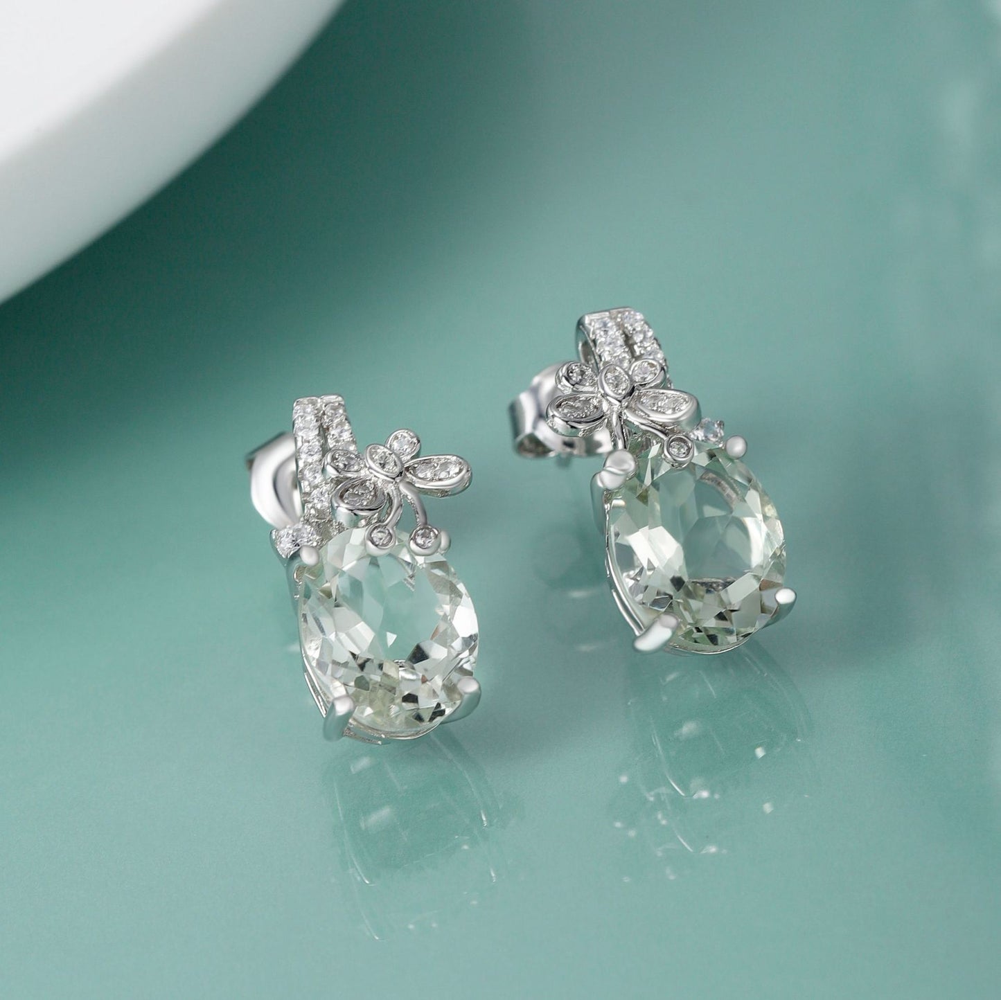 Natural Cyan Crystal Oval Shape with Butterfly Silver Studs for Women