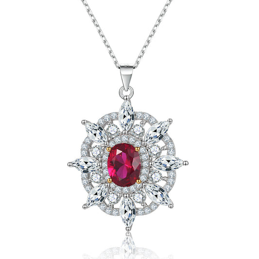 Oval Red Zircon Octagonal Flower Pendant Silver Necklace for Women