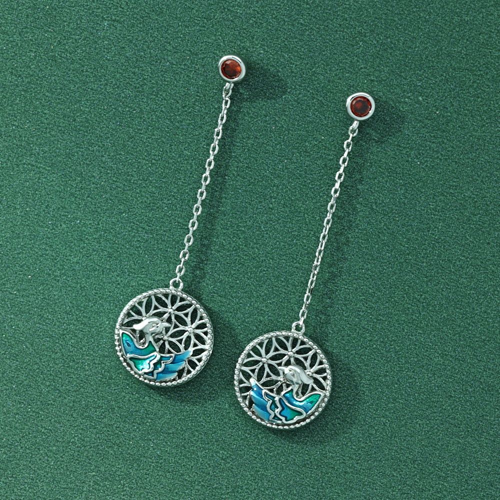 Enamel Hollow Flower Circle with Red Zircon Silver Drop Earrings