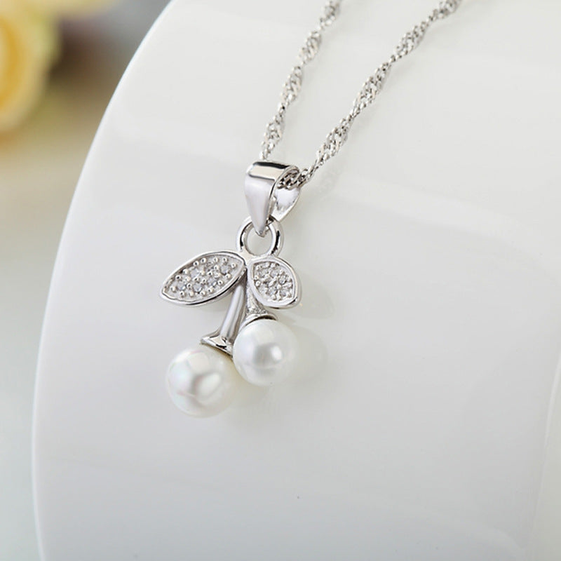 Cherry Pearl Pendant Silver Necklace for Women