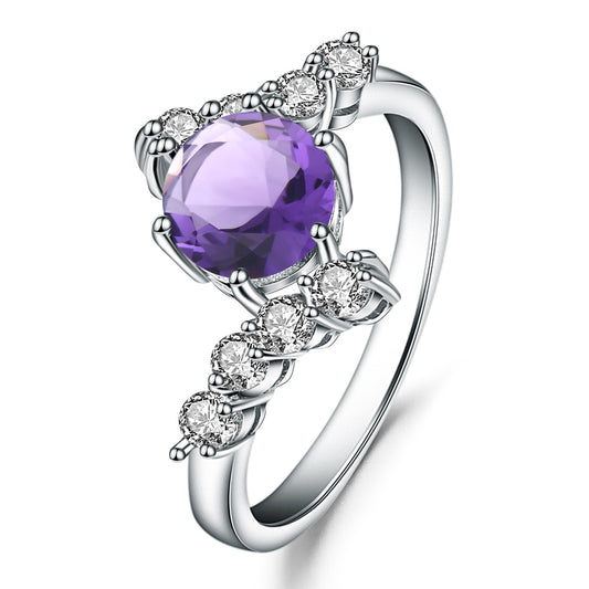 European Inlaid Natural Amethyst Round Cut Silver Ring for Women