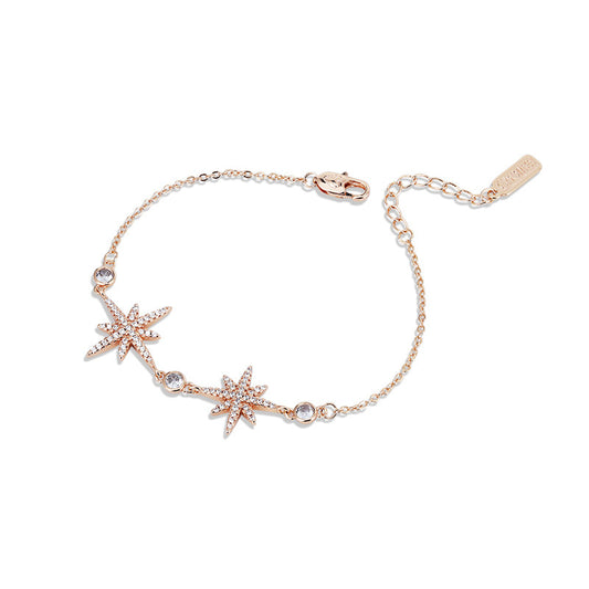 Two Zircon Octagonal Stars Silver Bracelet for Women