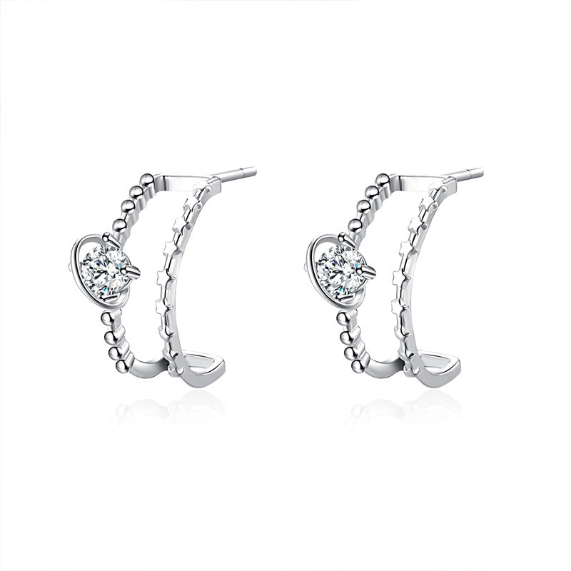 Double Layers C Shape Beading with Round Zircon Silver Studs Earrings for Women