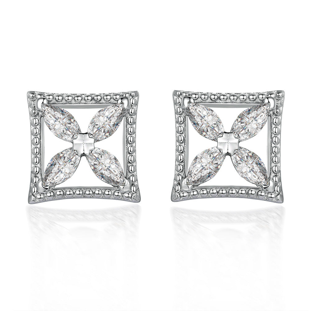 Marquise Zircon Four-leaf Clover Square Silver Studs Earrings for Women