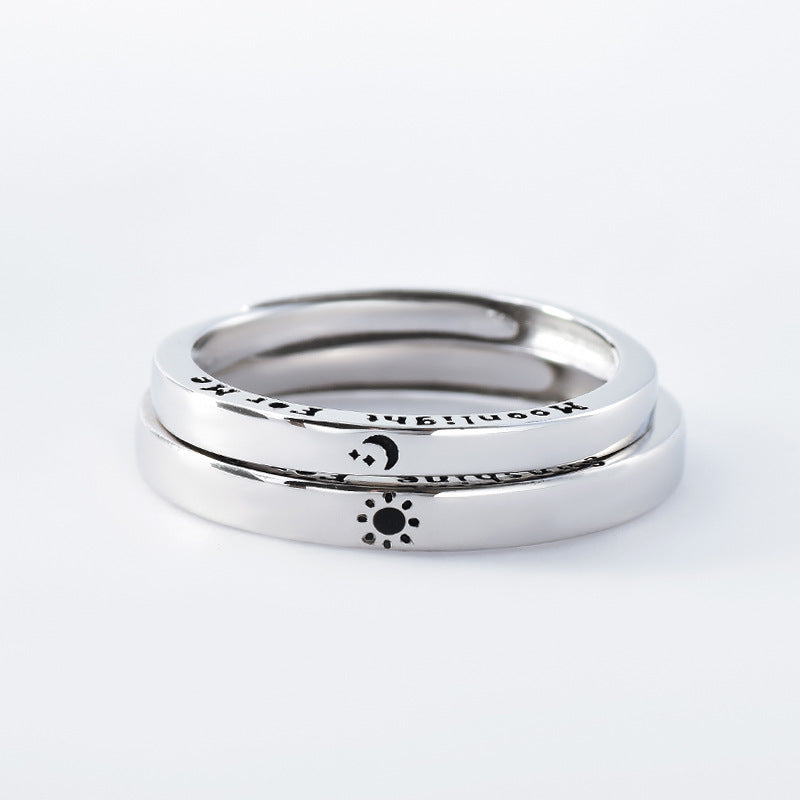 Letters with Sun and Moon Pattern Silver Couple Ring for Women