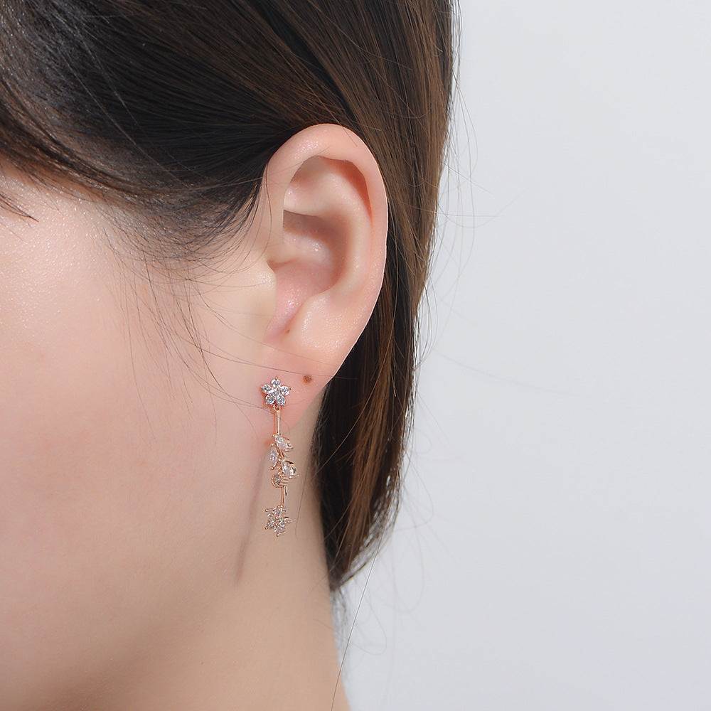 Long Leaf Flower Zircon Silver Drop Earrings for Women