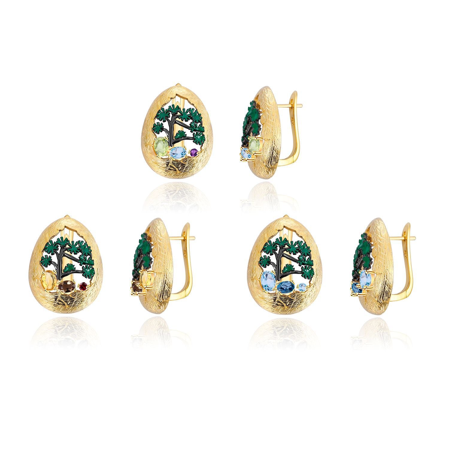 Retro Natural Style Inlaid Colourful Gemstone Egg Shape with Forest Silver Studs Earrings for Women