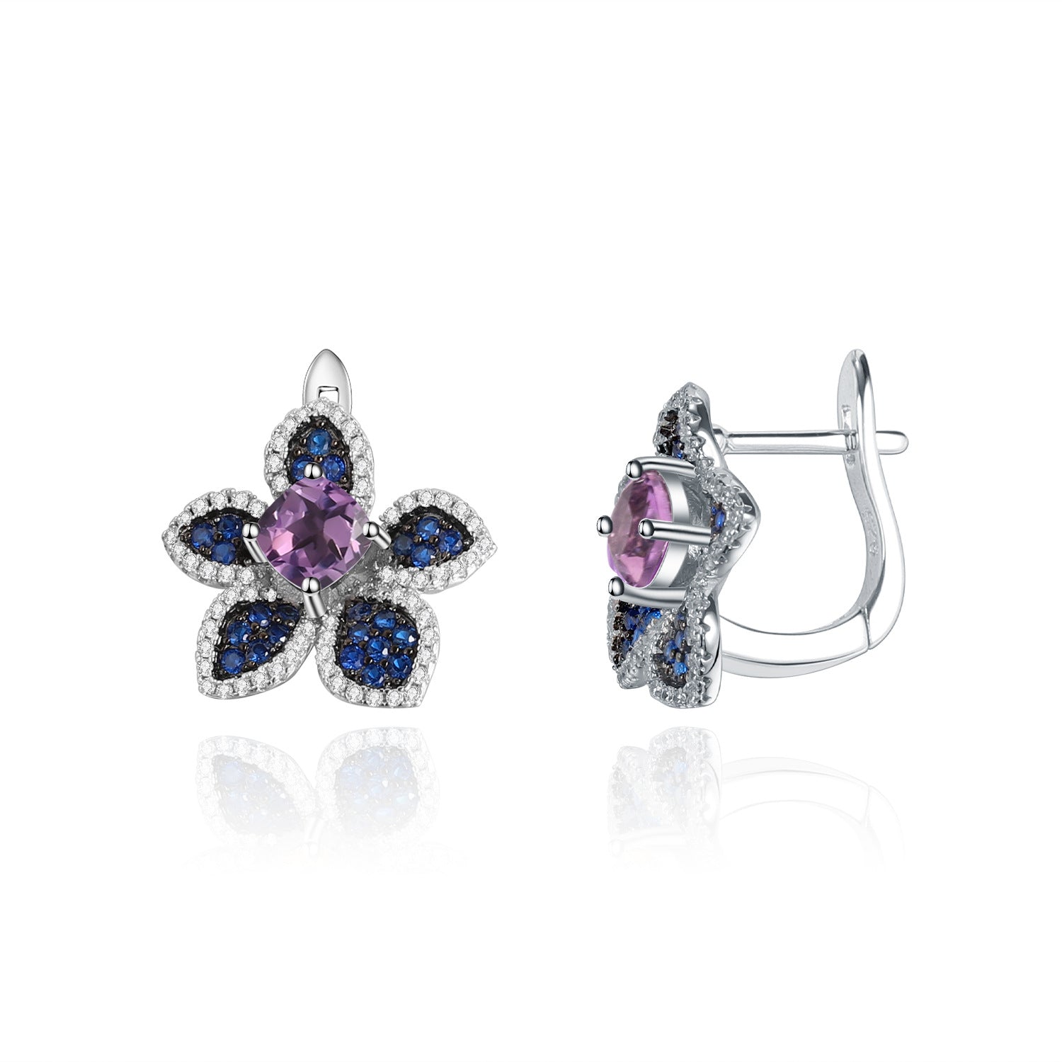 Simple Natural Style Inlaid Colourful Gemstoes Floral Sterling Silver Studs Earrings for Women