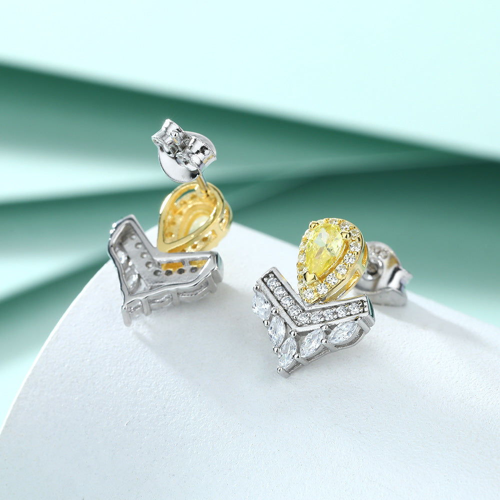 Pear Drop Yellow Zircon V-shape Silver Studs Earrings for Women