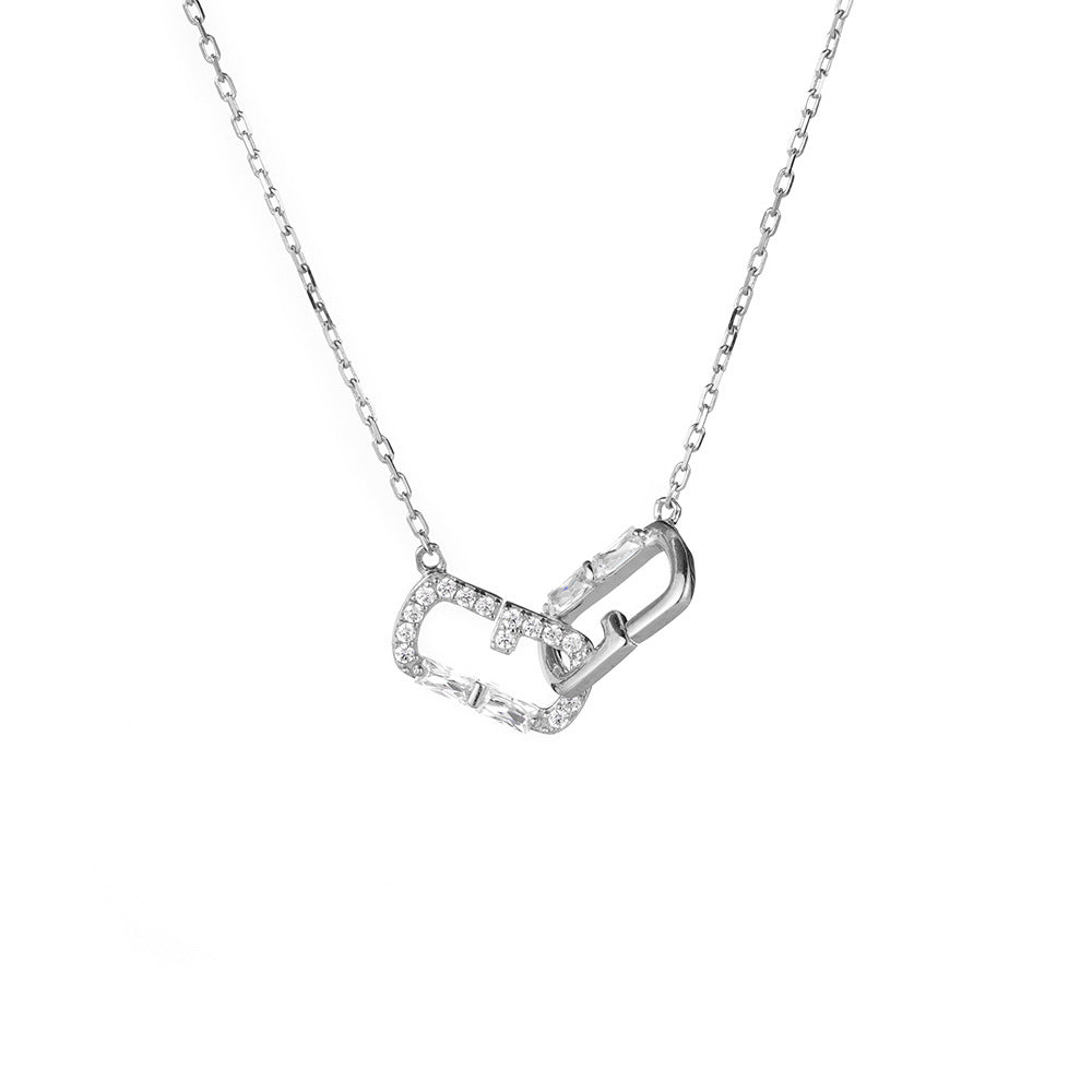 (Two Colours) White Zircon Double Rectangle buckle Pendants 925 Silver Collarbone Necklace for Women