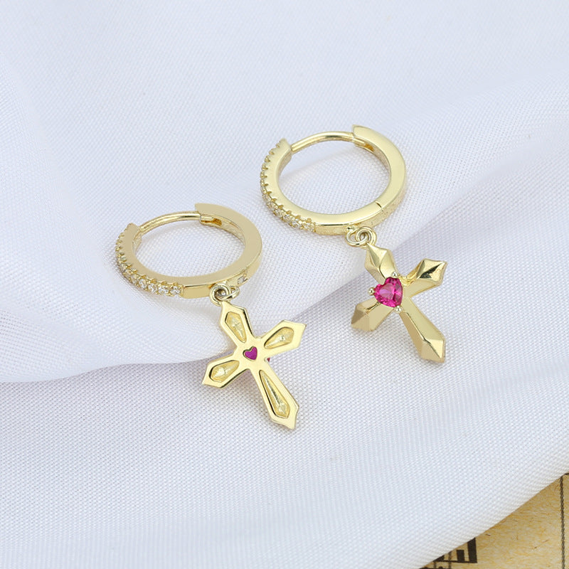 Cross with Red Corundum Silver Hoop Earrings for Women