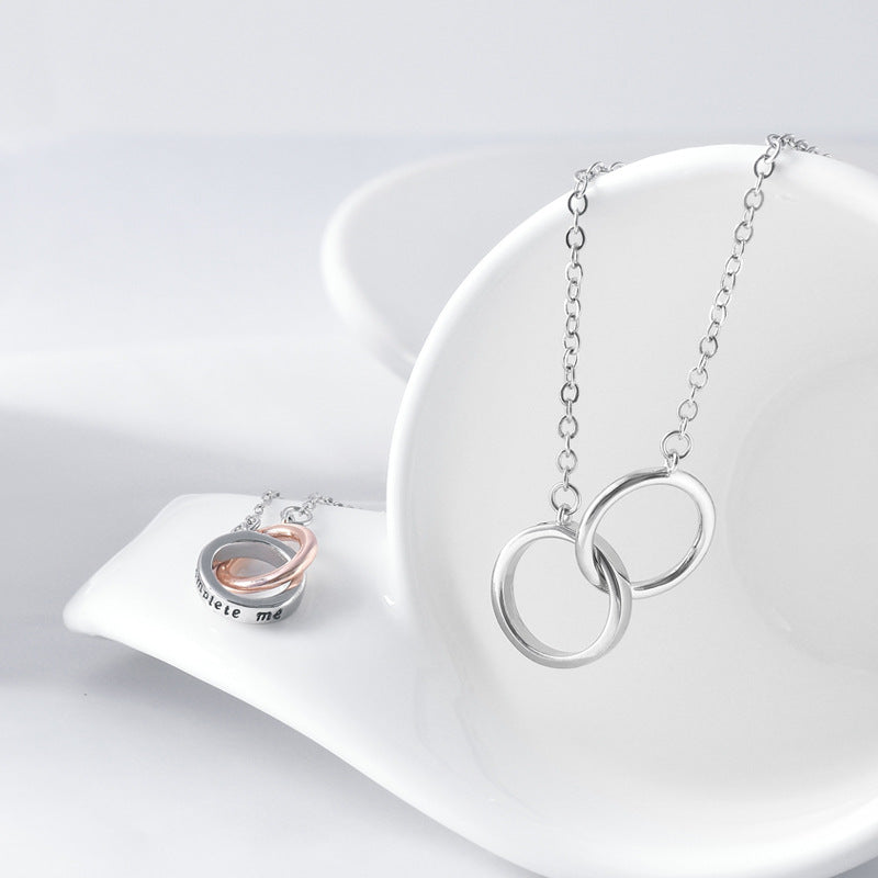 Double Circle Buckle with Letter Pattern Silver Couple Necklace for Women