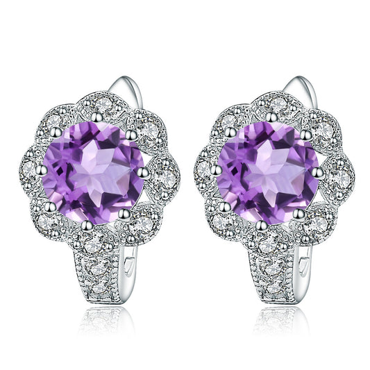 Natural Gemstone Soleste Halo Round Cut Flower Shape Silver Studs Earrings for Women