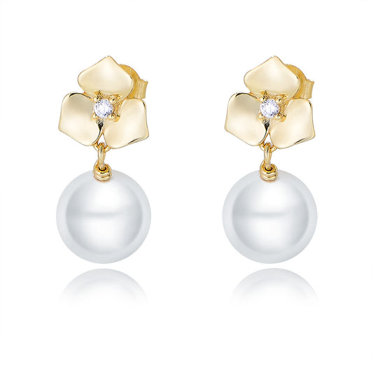 Ball Pearl with Flower Silver Drop Earrings for Women