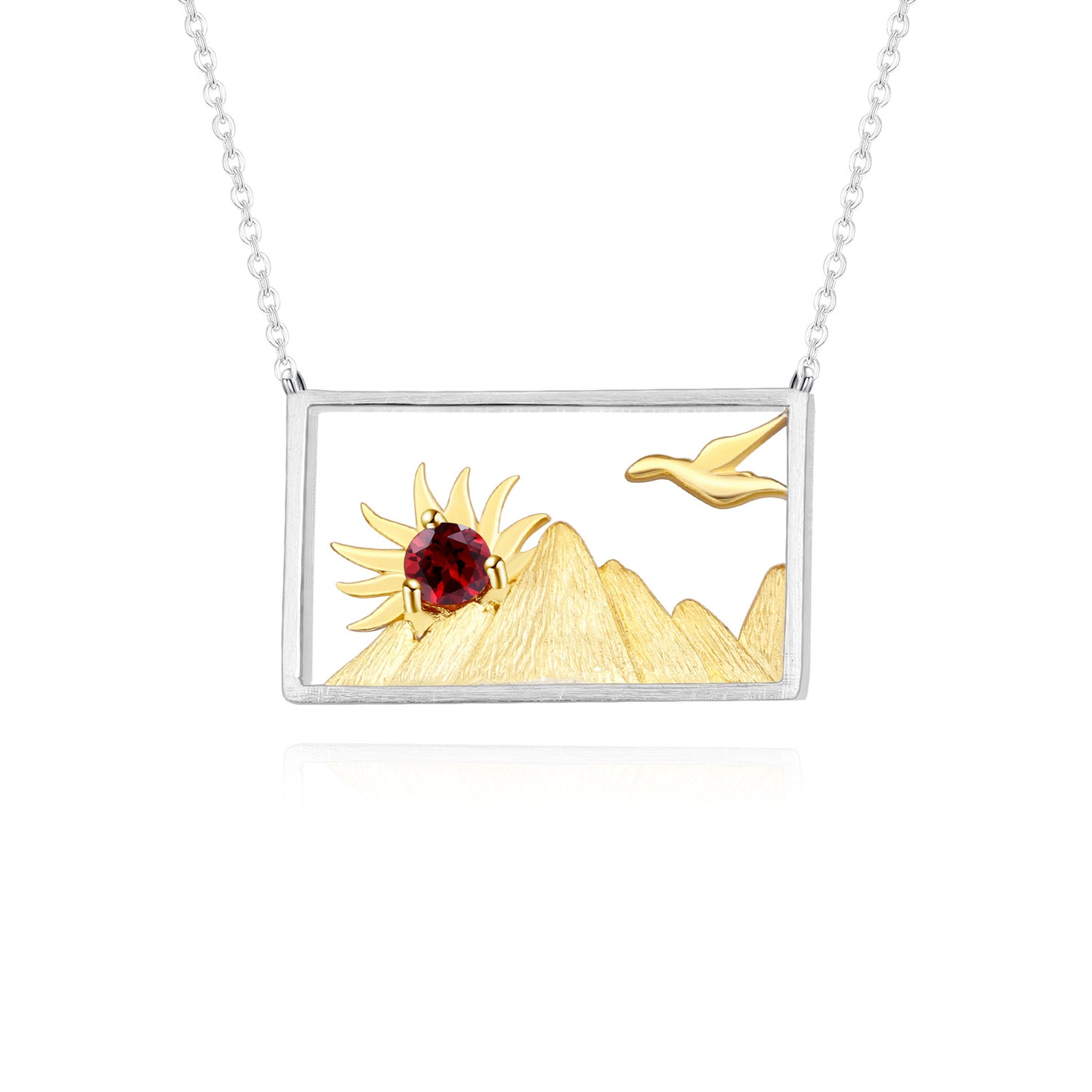 Fashion Design Inlaid Natural Colorful Gemstone Sunrise and Sunset Rectangle Pendant Silver Necklace for Women