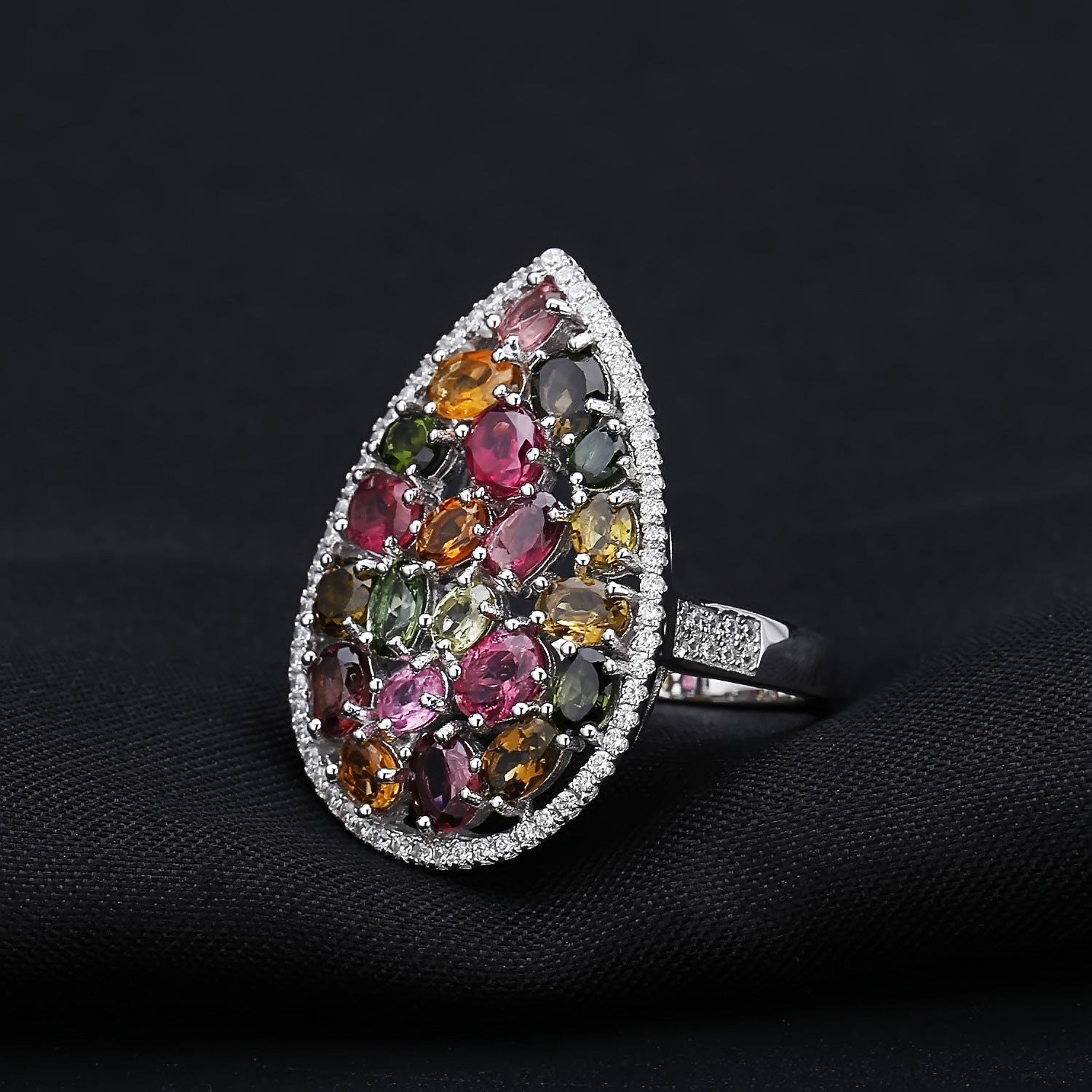 Vintage Luxury Natural Tourmaline Colourful Gemstone Silver Ring for Women