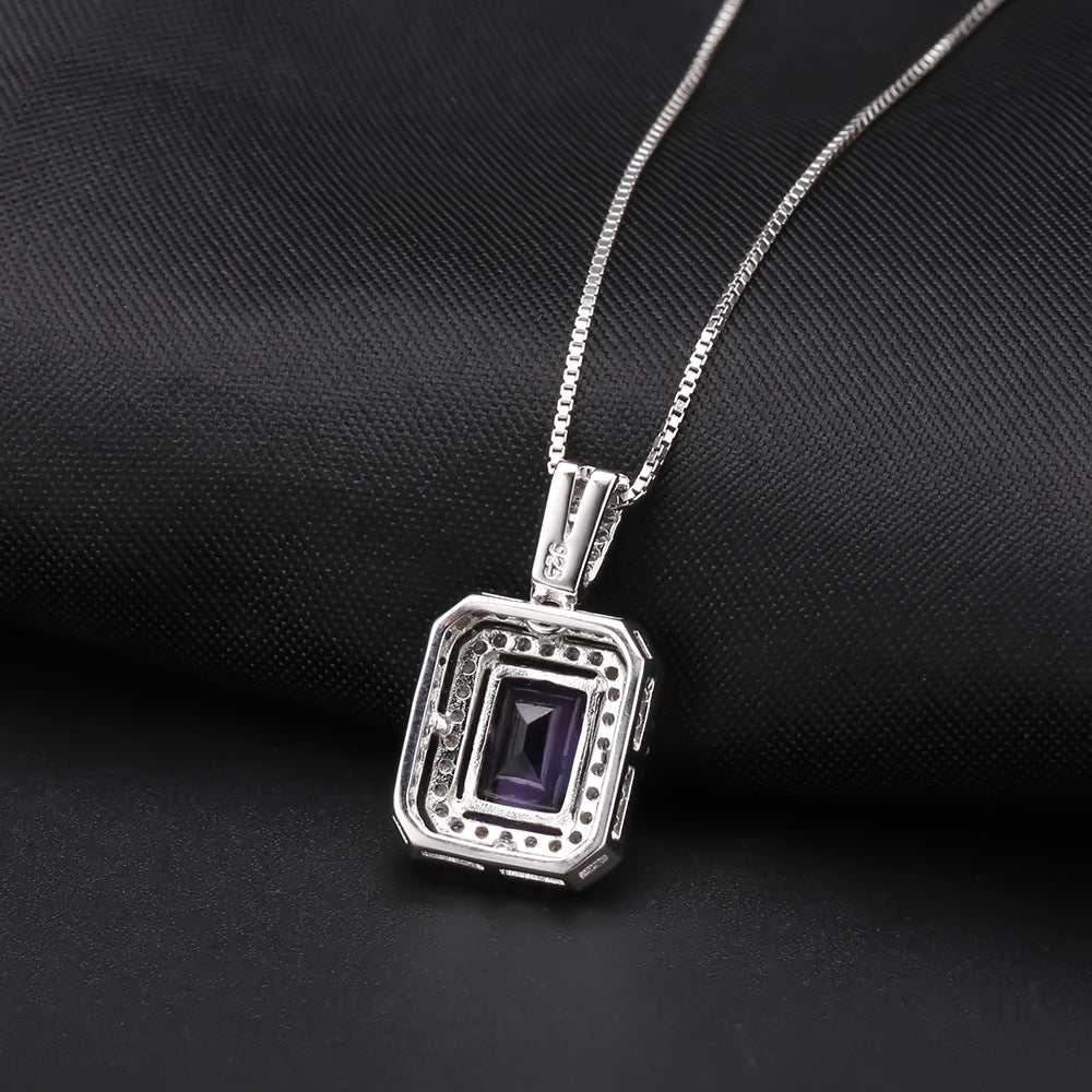 European Fashion Luxury Jewelry Style Natural Colourful Gemstone Soleste Halo Rectangle Pendant Silver Necklace for Women