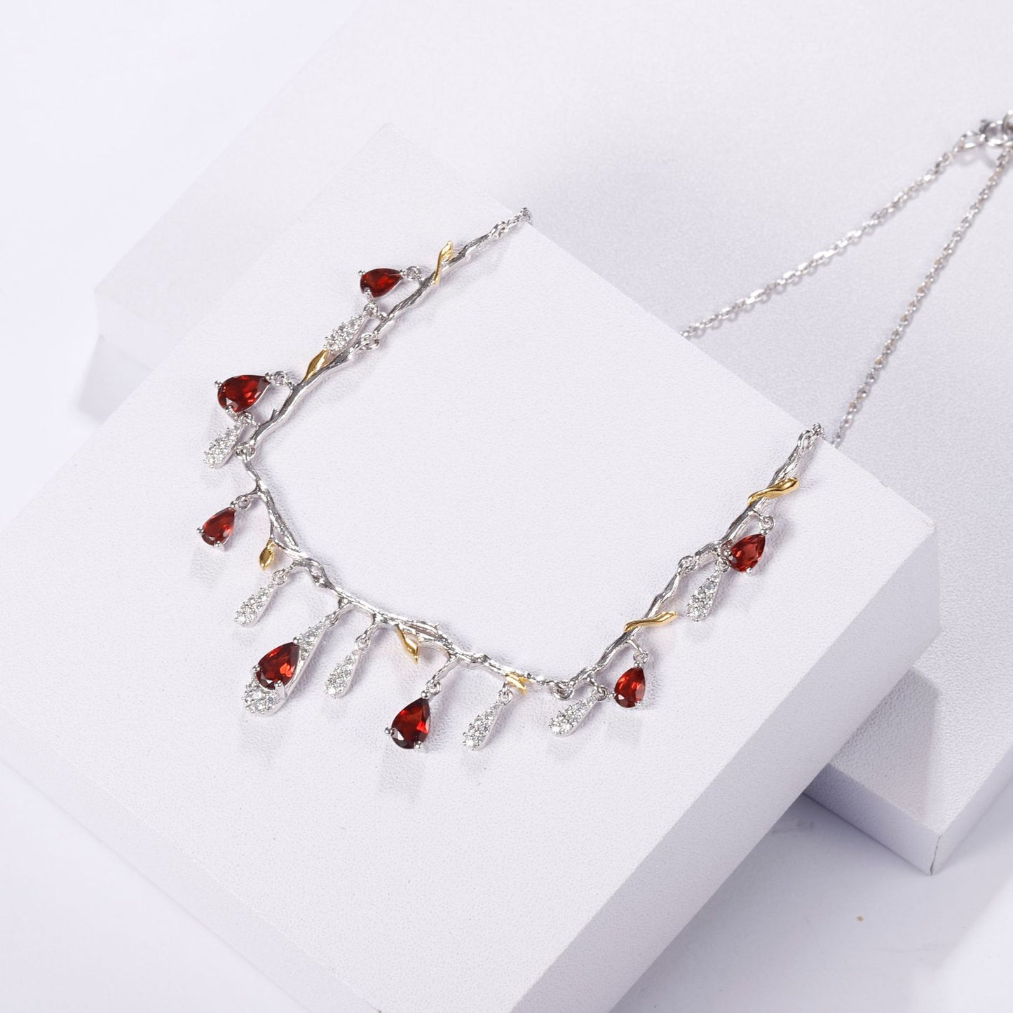 High-end Style Inlaid Natural Colourful Gemstone Flower Branch Design Silver Necklace for Women