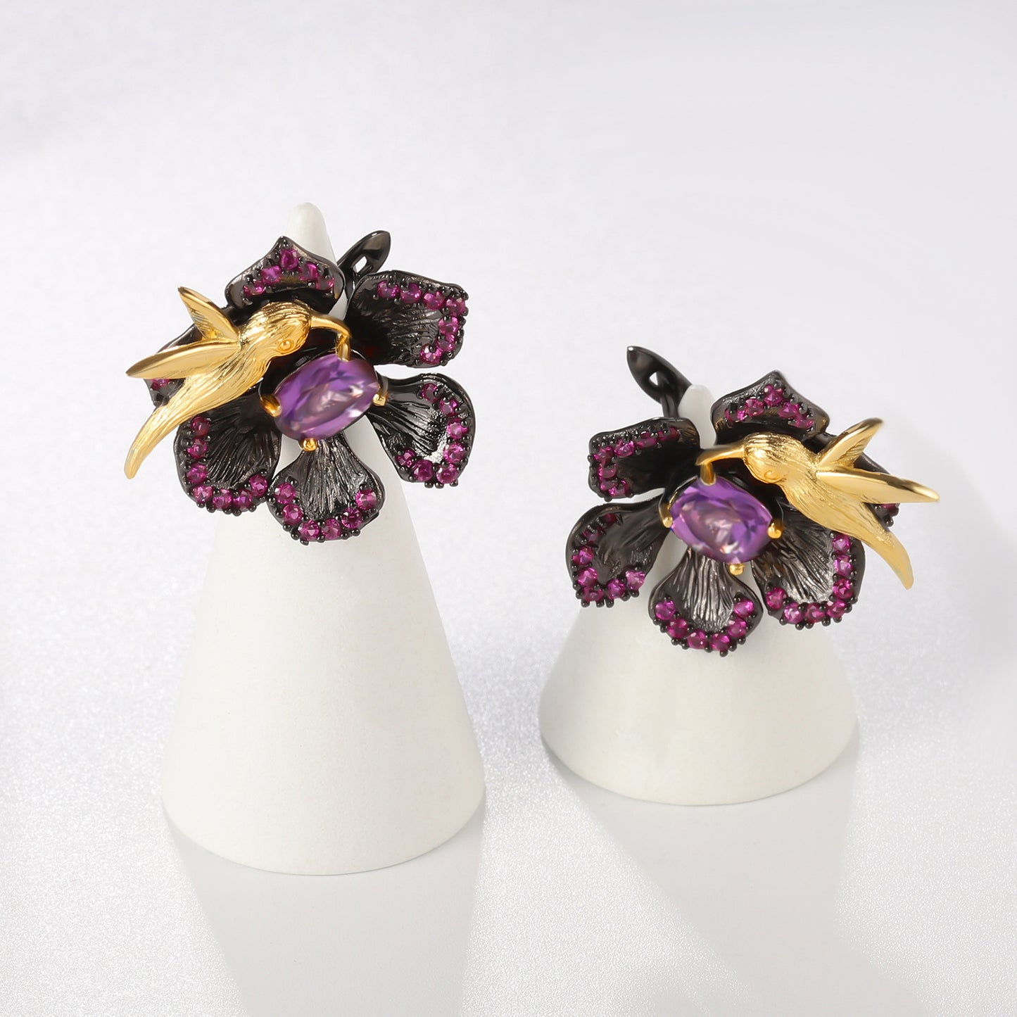 Colourful Gemstones Bird Whispering and Flower Fragrance Design Silver Earrings for Women