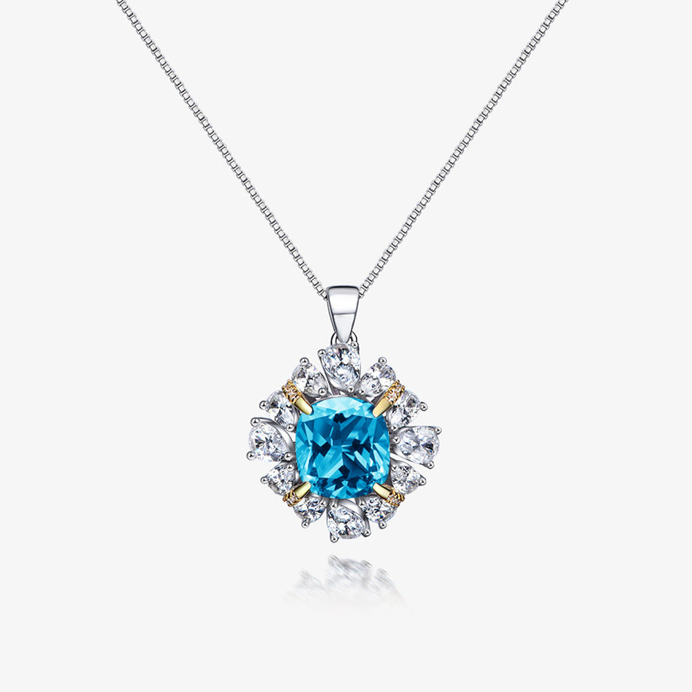 Blue Zircon 8*8mm Cushion Ice Cut Luxurious Silver Necklace for Women