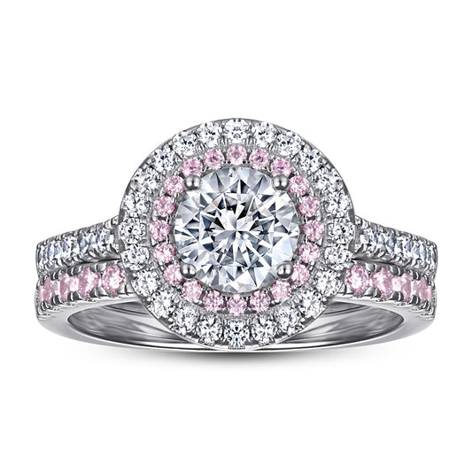 Round Zircon Double Soleste Halo with Half Eternity Pink Zircon Silver Ring Set