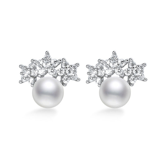 Freshwater Pearl with Zircon Flower Silver Stud Earrings for Women