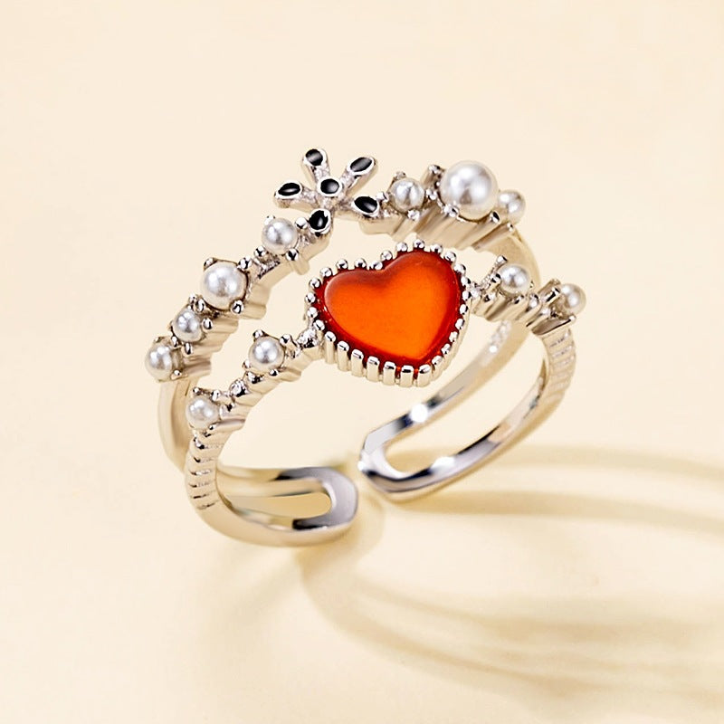 Heart Flower Double Layers Silver Ring for Women