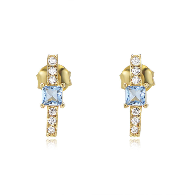 Geometric Square Blue Zircon Silver Studs Earrings for Women