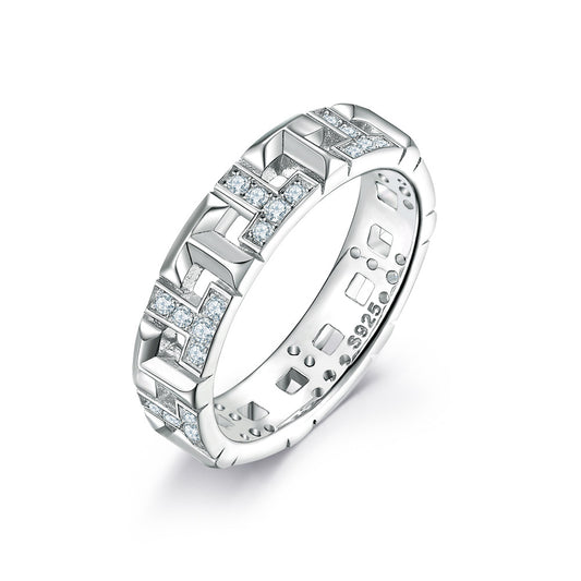 Hollow T-letter with Zircon Silver Ring for Women