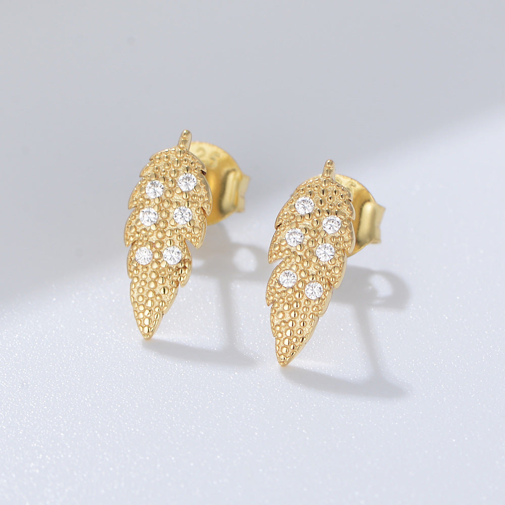 Leaf with Zircon Silver Studs Earrings for Women