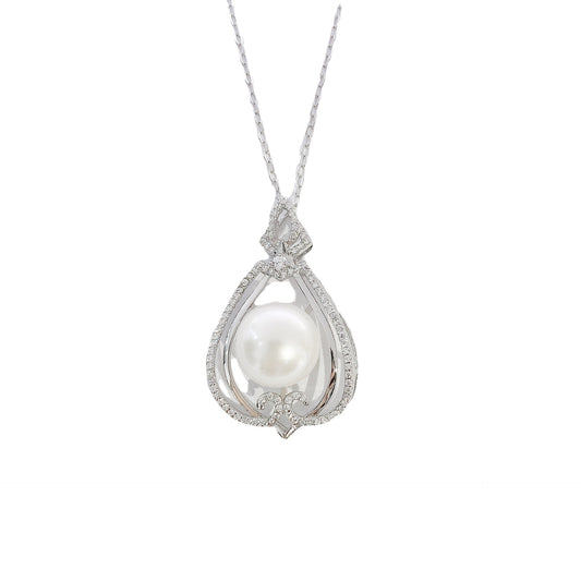 Hollow Pear Drop Shape with Round Natural Pearl Pendant Silver Necklace for Women