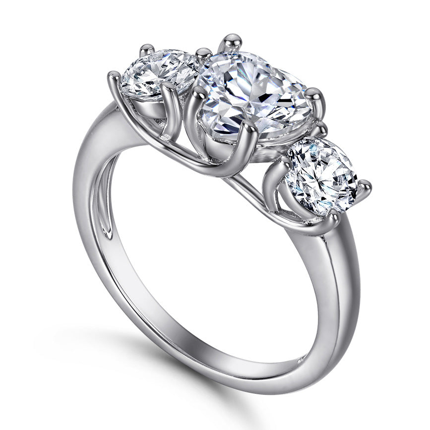 Heart and Round Zircon Threestone Silver Ring for Women
