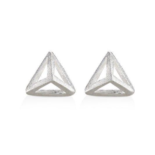 Brushed Hollow Solid Triangle Silver Stud Earrings for Women