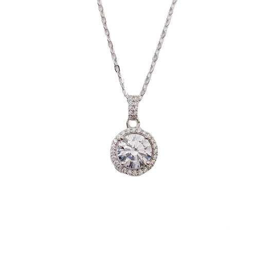 Round Zircon Soleste Halo Pendant Silver Necklace for Women