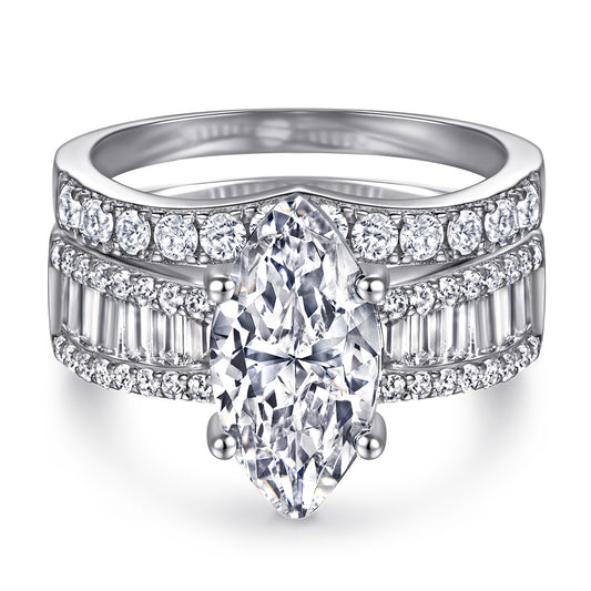 Marquise Zircon with V-shape Beading Silver Ring Set for Women