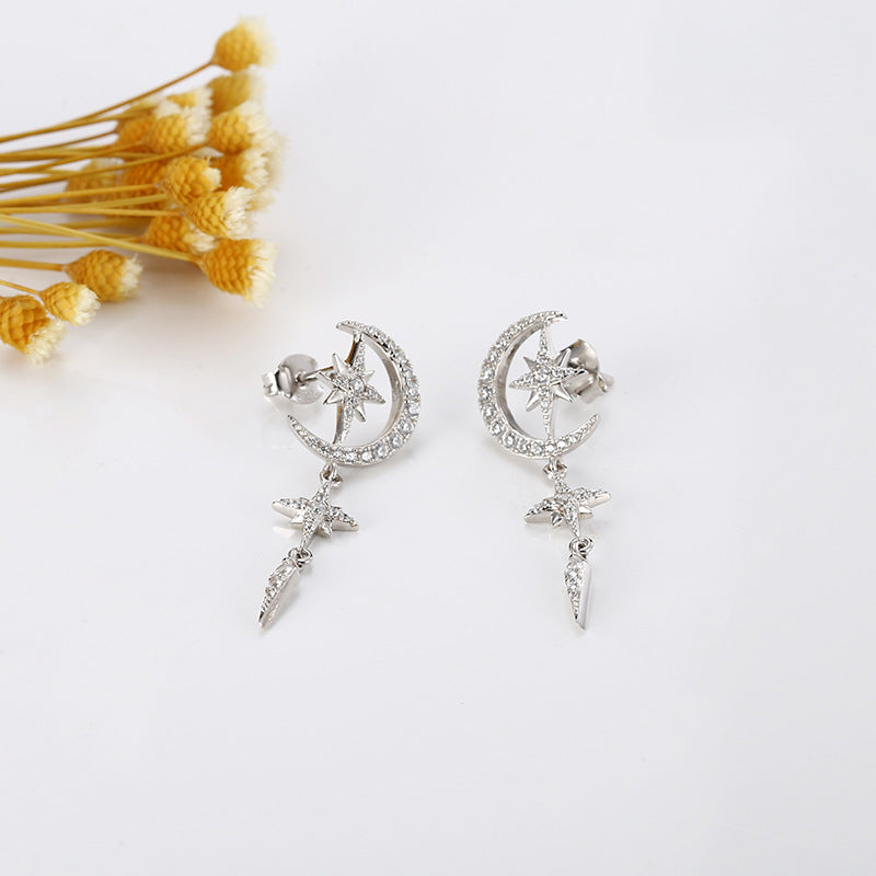 Zircon Moon Star Tassel Silver Drop Earrings for Women