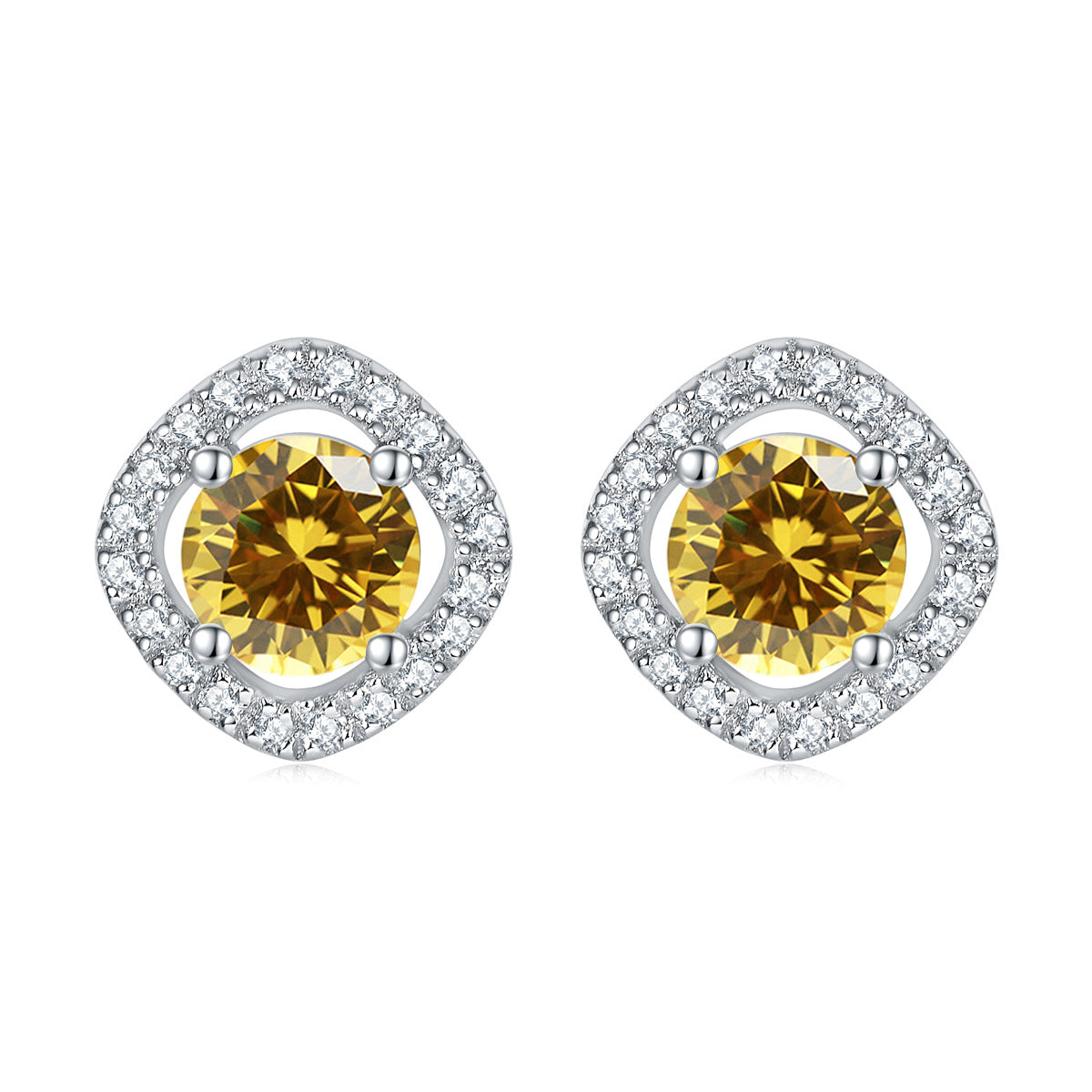 Round Zircon Square Soleste Halo Silver Studs Earrings for Women