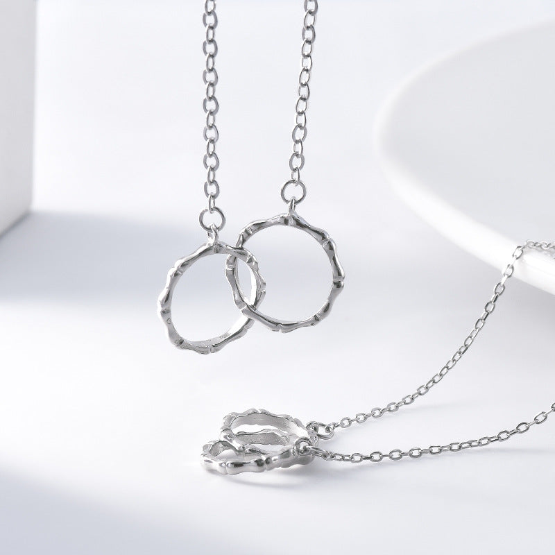 Bamboo Double Circle Buckle Silver Couple Necklace for Women