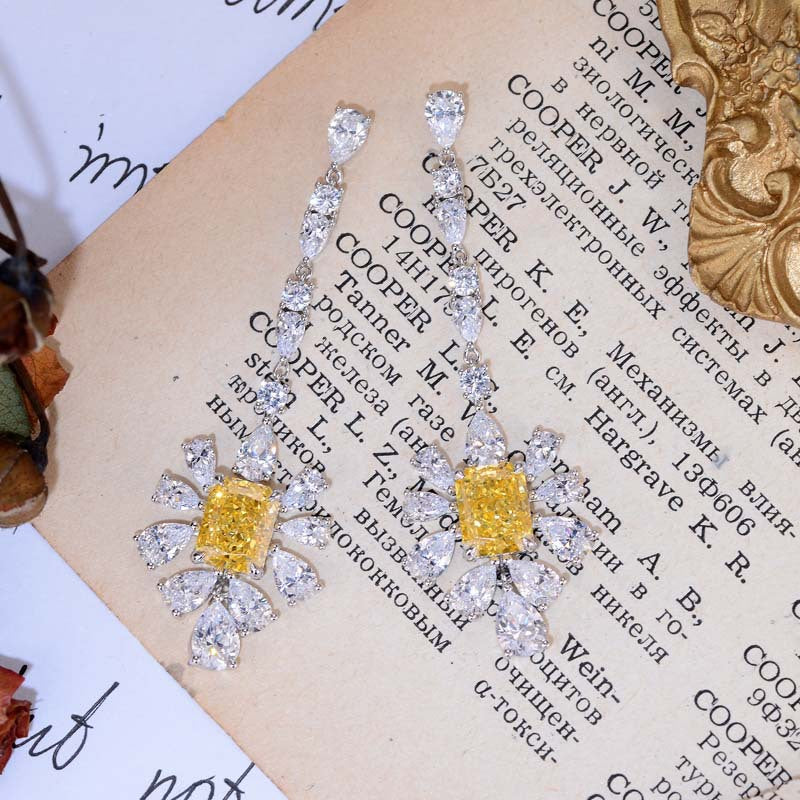 Yellow Zircon 7*9mm Rectangle Ice Cut with Chain Annular Petals Silver Drop Earrings for Women