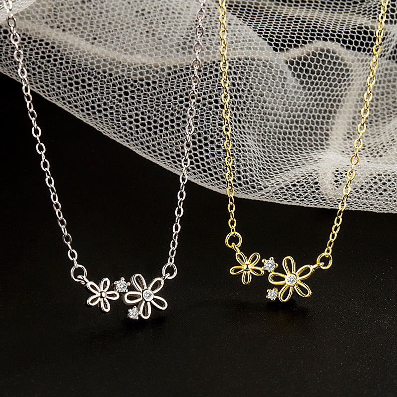 Two Flower with Zircon Silver Necklace for Women