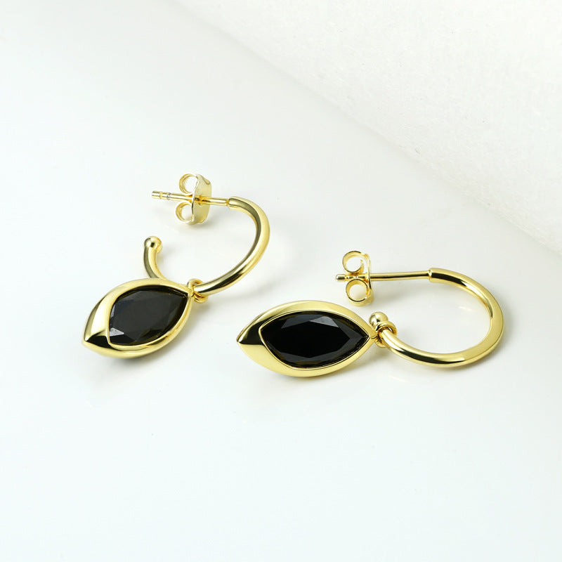 Marquise Shape Black Zircon Silver Drop Earrings for Women