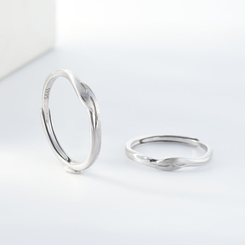 Brushed Geometric Interwoven Waves Silver Couple Ring for Women