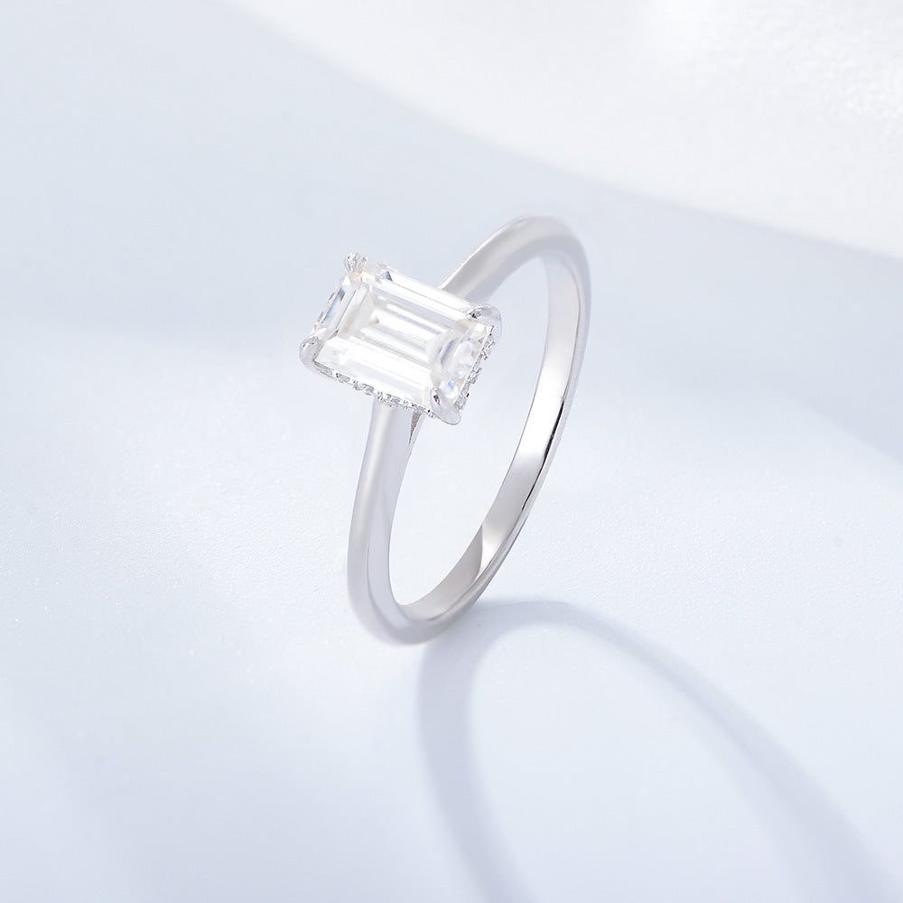 Rectangle White Zircon Solitaire Sterling Silver Ring for Women