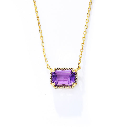 Rectangular Natural Amethyst Pendant Sterling Silver Necklace for Women